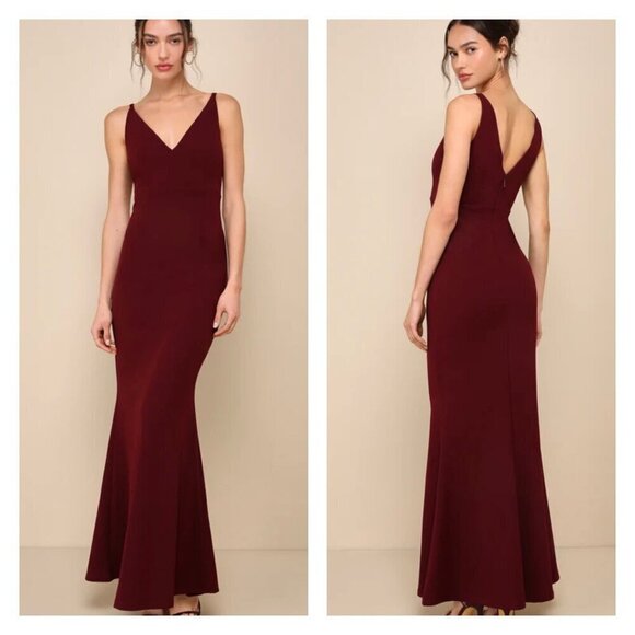 Lulu's - Melora V Front and Back Sleeveless Gown in Maroon - Picture 1 of 6